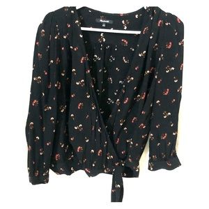 Madewell Black floral wrap blouse Sz M NWOTs